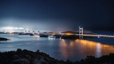 vue de nuit, pont, mer, île, éclairage, mer intérieure de seto, parcours kojima sakaide, ciel étoilé, nature, japon