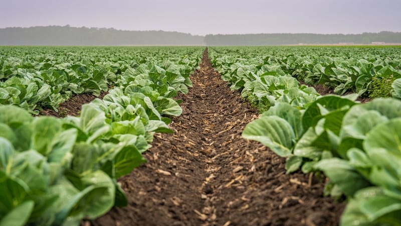 Champ de choux vaste dans la campagne, mettant en valeur une croissance agricole fraîche.