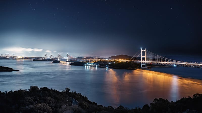 vue de nuit, pont, mer, île, éclairage, mer intérieure de seto, parcours kojima sakaide, ciel étoilé, nature, japon