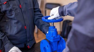 Gros plan de deux techniciens réglant une vanne industrielle bleue à l'intérieur.