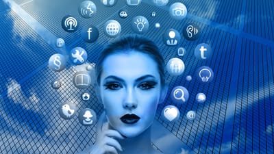 femme, visage, médias sociaux, les pensées, diriger, nature, applications, applications de médias sociaux, icônes, cercle, arbre, réseaux, l'internet, social, réseau social, facebook, google, réseaux sociaux, la mise en réseau, multimédia, bleu