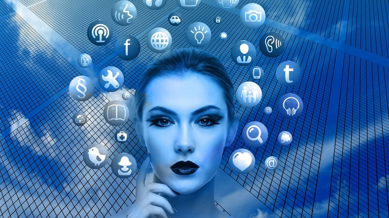 femme, visage, médias sociaux, les pensées, diriger, nature, applications, applications de médias sociaux, icônes, cercle, arbre, réseaux, l'internet, social, réseau social, facebook, google, réseaux sociaux, la mise en réseau, multimédia, bleu