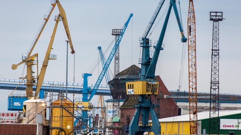 grues, industrie, système de grue, port, logistique, la technologie, jaune, bleu, industriel