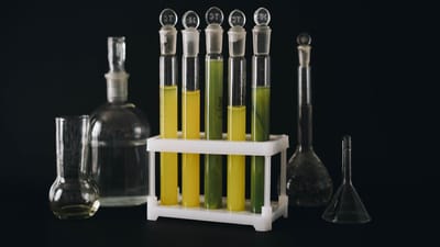 Une collection de liquides vibrants dans des tubes à essai sur fond noir, mettant en avant l'équipement de chimie.