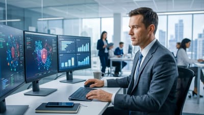 ai généré, entreprise, comme photo de profil, la cyber-sécurité, analyste de données, espace bureau, bureau moderne, multi-moniteur, homme d'entreprise, photographie professionnelle, la technologie, espace de travail, haute résolution, costume, ordinateur, gens, innovant, bureau, entreprise urbaine, concentration, concentrer, des solutions d'affaires