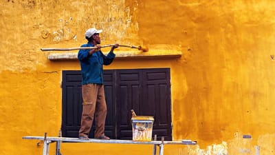 peintre, peinturer, viêt nam, hoian, mur, maison, cadre, la fenêtre, jaune, orange
