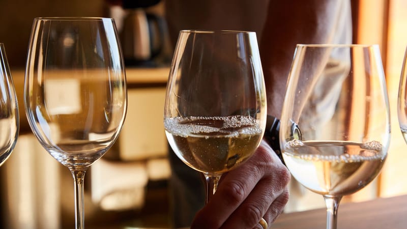 Gros plan sur une main tenant un verre à vin rempli de vin blanc, dans un cadre intérieur chaleureux.