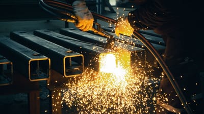 Un soudeur fait jaillir des étincelles sur des poutres métalliques dans un cadre industriel.
