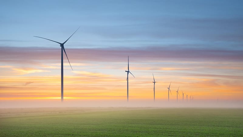 l'énergie éolienne, éoliennes, moulins à vent, énergie renouvelable, brouillard, lever du soleil, prairies, nature, pays-bas, paysage