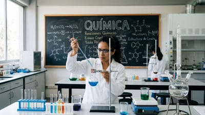 ai généré, laboratoire, scientifique, chimie, recherche, équipement de laboratoire, lunettes de sécurité, expérience, salle de chimie, éducation scientifique, travail expérimental, réaction chimique, lycée, liquides colorés, équations au tableau, domination féminine, manteau blanc, tubes à essai, classe de sciences, étudiant