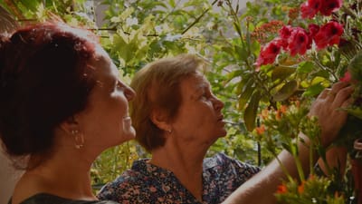 Une femme adulte et âgée s'occupe avec amour de plantes dans un jardin ensoleillé.