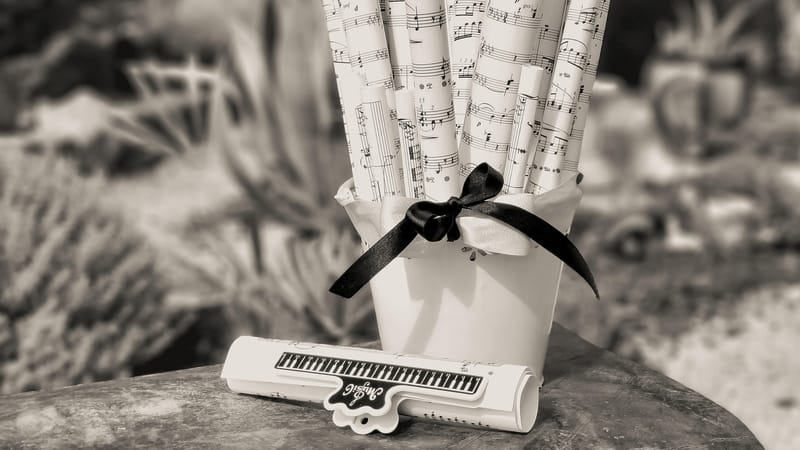 sheet music, noir et blanc, décor musical, notes de musique, cadeau de musique, musique ancienne, musique classique, photographie artistique, monochrome, rouleaux de musique, conception élégante, cadeau créatif, bouquet de musique, décor romantique, partition de piano, professeur de musique, billets roulés, style minimaliste, décor rétro, fond musical, cadeau du compositeur, art musical à faire soi-même, inspiration musicale, ruban noir, photographie de musique