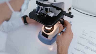 Gros plan d'un scientifique examinant des échantillons sous un microscope dans un laboratoire.
