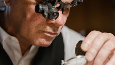 Un horloger inspecte une montre de poche avec une loupe dans une scène en gros plan.