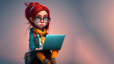 ai généré, femme, dessin animé, portable, la technologie, ordinateur, la communication, numérique, l'internet, avenir, apprendre, étudiants