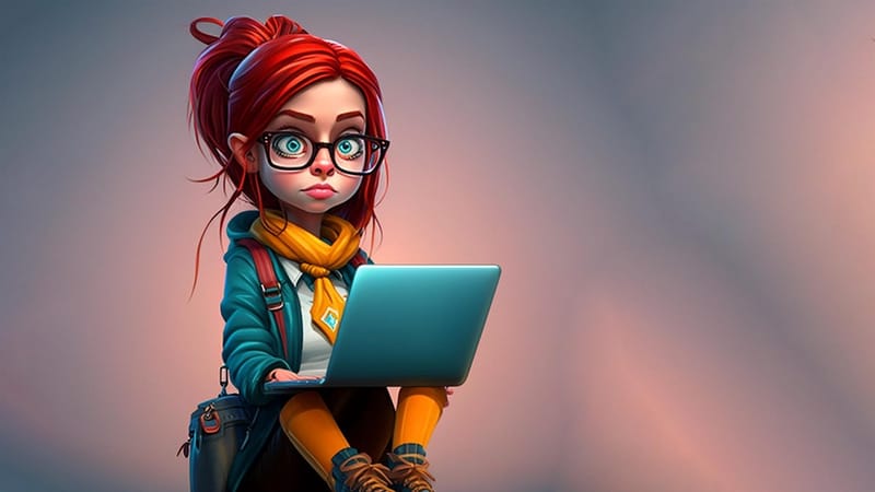 ai généré, femme, dessin animé, portable, la technologie, ordinateur, la communication, numérique, l'internet, avenir, apprendre, étudiants