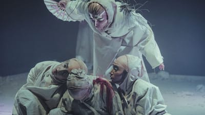 Des artistes en costumes élaborés sur scène lors d'une pièce de théâtre, créant une scène artistique et dramatique.