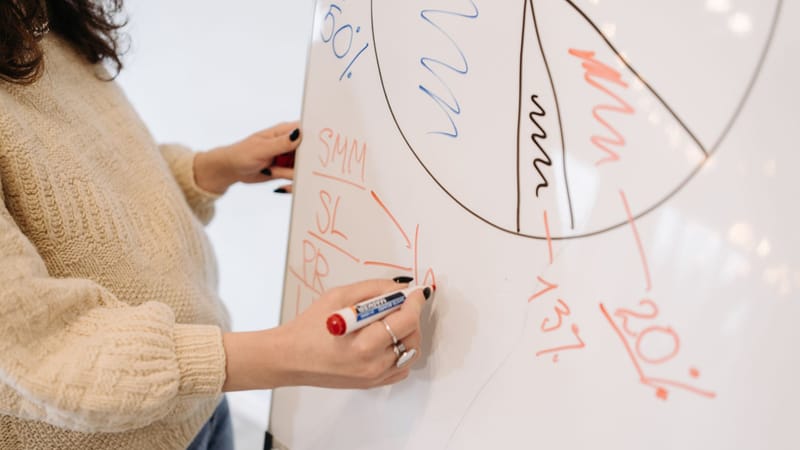 Gros plan sur une femme créant un graphique circulaire sur un tableau blanc lors d'une présentation professionnelle.