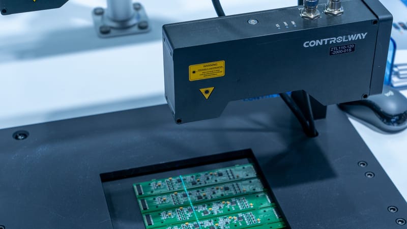 Gros plan sur une machine d'inspection de circuits imprimés en fonctionnement, mettant en évidence la technologie.