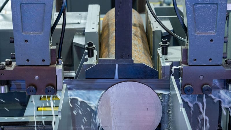Gros plan sur une machine industrielle coupant une tige métallique avec précision.