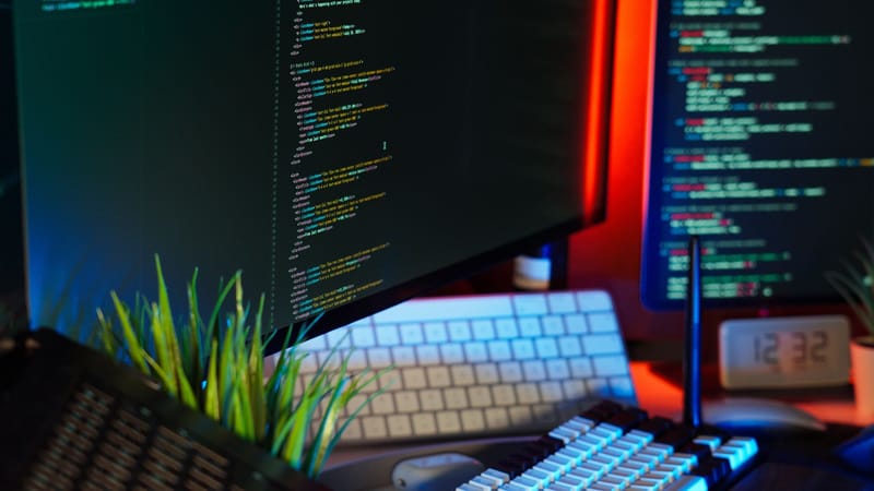 Un espace de travail dynamique présentant des écrans d'ordinateur avec du code, un clavier et des accessoires technologiques.