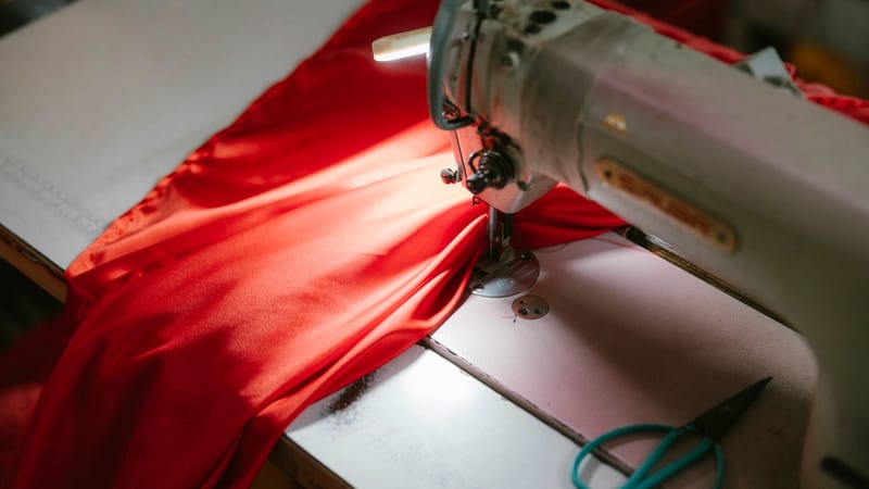 Gros plan sur une machine à coudre industrielle cousant un tissu rouge vif, éclairé sous un projecteur.