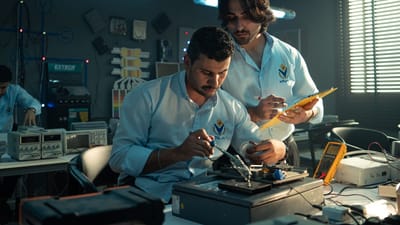 Deux hommes travaillant sur un projet électronique dans un laboratoire à Bagdad, concentrés et collaborant.