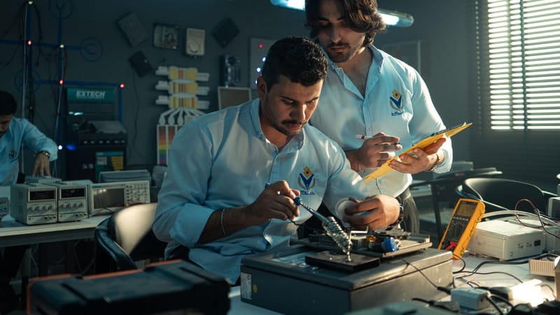 Deux hommes travaillant sur un projet électronique dans un laboratoire à Bagdad, concentrés et collaborant.