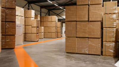 Un entrepôt industriel spacieux rempli de boîtes en carton empilées pour le stockage et l'expédition.