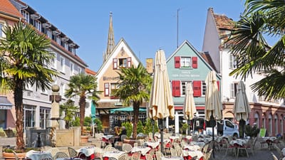 bad dürkheim, palatinat, weinstrasse, centre, zone piétonne, restauration en plein air, tourisme, route, voyager, architecture, ville, historique, maisons à pignon, palmiers, plantes en pot