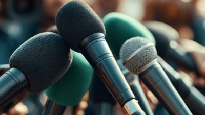 microphone, conférence de presse, reporter, nouvelles, journalisme, couverture médiatique, communication, prise de parole en public, journaliste, annonce, technologie, équipement, politique, système audio, professionnel, enregistrement sonore, podium, industrie