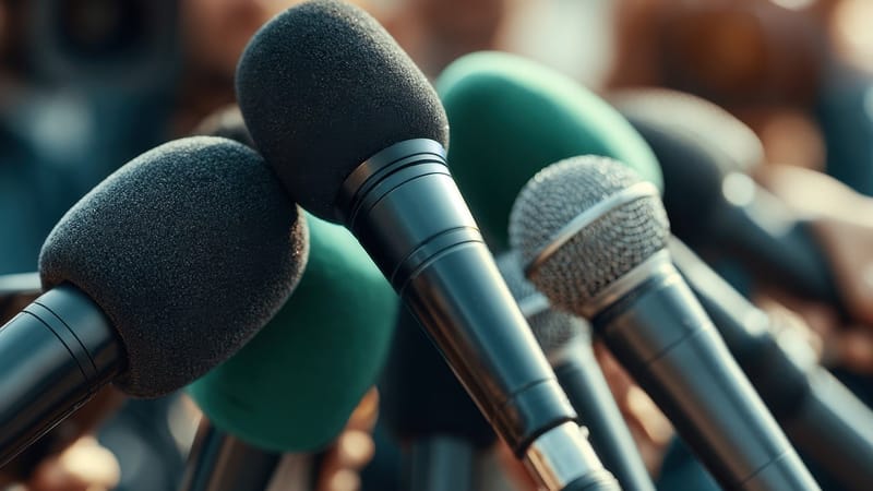 microphone, conférence de presse, reporter, nouvelles, journalisme, couverture médiatique, communication, prise de parole en public, journaliste, annonce, technologie, équipement, politique, système audio, professionnel, enregistrement sonore, podium, industrie