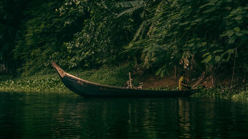 Une scène tranquille de rivière tropicale avec une seule barque en bois entourée d'une végétation luxuriante.
