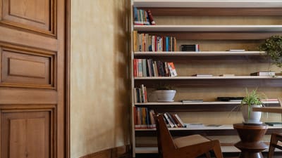 Coin lecture chaleureux et accueillant avec des étagères à livres, une chaise en bois et une décoration de plante.