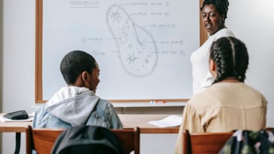 Des étudiants écoutent attentivement un enseignant expliquer des concepts de biologie sur un tableau blanc en classe.