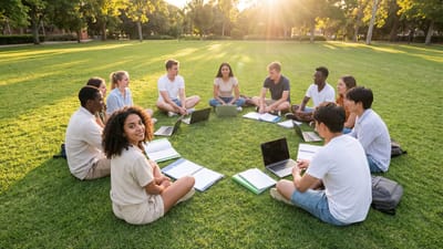 étudiants, parc, campus, en train d'étudier, ordinateurs portables, collaboration, cercle, gazon, ensoleillement, éducation, travail en équipe, apprentissage, en plein air, relation amicale, des cahiers, université, l'été, livres, la diversité, nature, ai généré