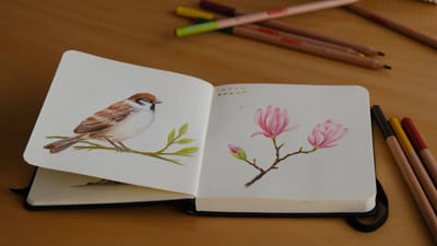 Croquis complexes d'un moineau et d'un magnolia dans un cahier avec des crayons de couleur sur une table.