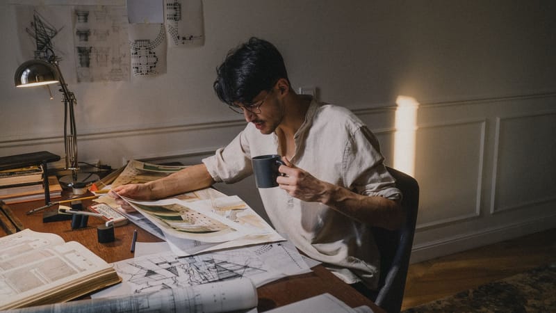 Un architecte créatif travaillant chez lui, examinant des plans avec un café.
