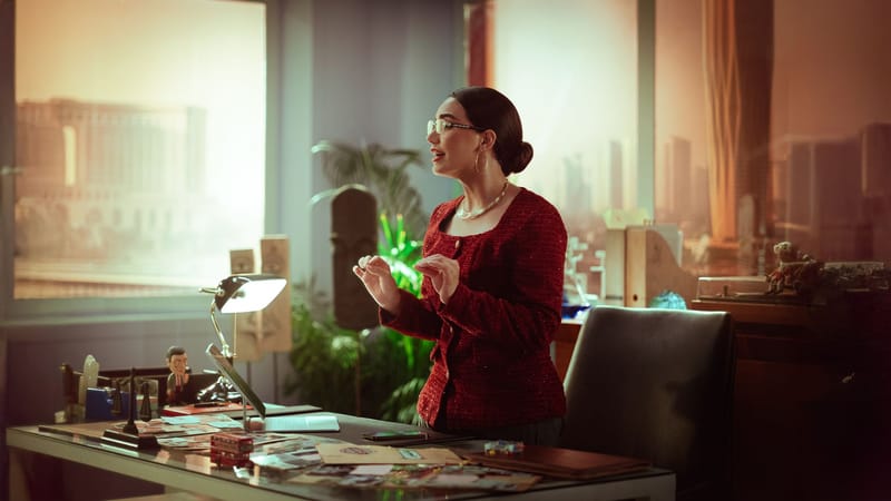 Femme d'affaires confiante en costume rouge debout dans un cadre de bureau moderne.