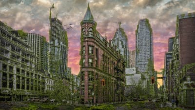 flatiron bâtiment, toronto, ontario, canada, l'architecture, ville, nature, centre ville, horizon, repère, scénique, création numérique, fantaisie, croît dans les, des nuages, ciel, crépuscule, paysage