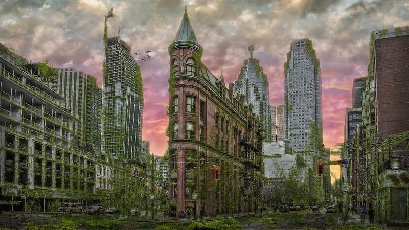 flatiron bâtiment, toronto, ontario, canada, l'architecture, ville, nature, centre ville, horizon, repère, scénique, création numérique, fantaisie, croît dans les, des nuages, ciel, crépuscule, paysage