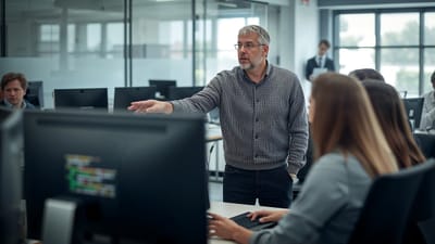 bureau, ordinateur, collaboration, travail en équipe, apprentissage, la technologie, moderne, lieu de travail, gens, entreprise, discussion, montrer du doigt, filtrer, salle de classe, formation, éducation, employés, professionnels, rencontre, grouper, interaction, aperçu, conseils, ai généré