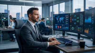 cybersécurité, analyste de données, multi-moniteur, espace de bureau, bureau moderne, homme professionnel, espace de travail, ordinateur, technologie, bureau, innovant, focus, costume sur mesure, solutions d'affaires, bureau urbain, concentration, entreprise urbaine, entreprise, photographie professionnelle
