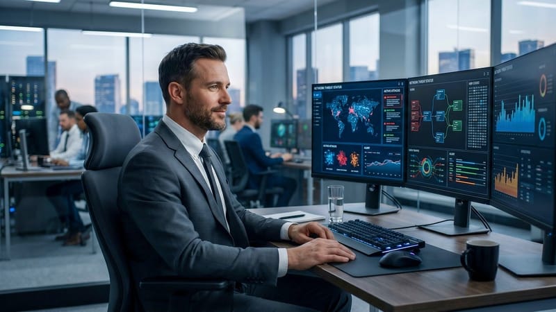 cybersécurité, analyste de données, multi-moniteur, espace de bureau, bureau moderne, homme professionnel, espace de travail, ordinateur, technologie, bureau, innovant, focus, costume sur mesure, solutions d'affaires, bureau urbain, concentration, entreprise urbaine, entreprise, photographie professionnelle