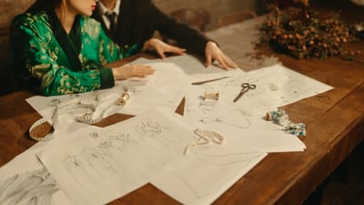 Deux créateurs travaillant sur un projet de mode avec des croquis et des outils dans un studio.
