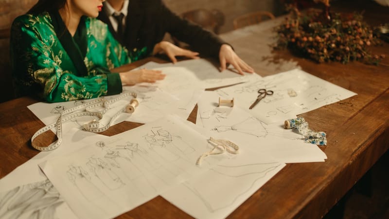 Deux créateurs travaillant sur un projet de mode avec des croquis et des outils dans un studio.