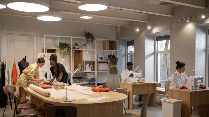 Des créateurs de mode collaborant dans un atelier moderne avec des machines à coudre et des patrons.