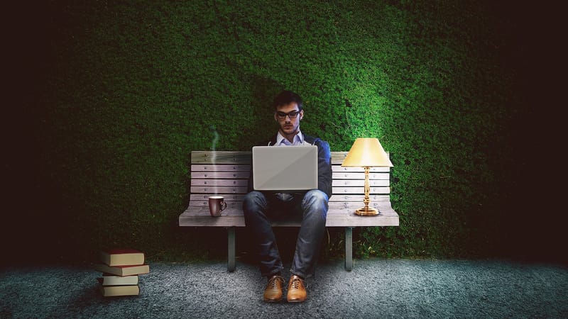 travailler, bourreau de travail, écrivain, programmeur, un, portable, ordinateur portable, bureau, banque, parc, banc de parc, haie, en plein air, gens, l'atmosphère, foncé, veille, léger, illuminé, nuit, lampe, écrivain, programmeur, banque, banque, banque, banque, banque, veille