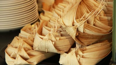singapour, aire de restauration, emballage de gâteau, restauration, bambou, décoration, brun gâteau