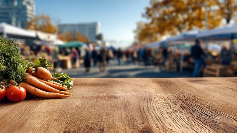ai généré, des légumes, marché, frais, biologique, en bonne santé, les carottes, tomates, citrouilles, table, bois, automne, flou, agriculture, gourdes, local, fermier
